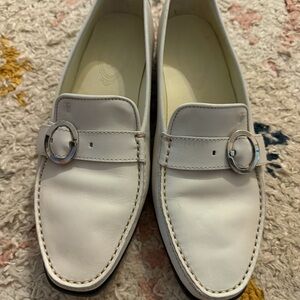 Tod's White Leather Loafers with Silver Buckle